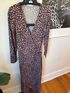 Mango Black Maxi Wrap Dress with Pink Floral Pattern